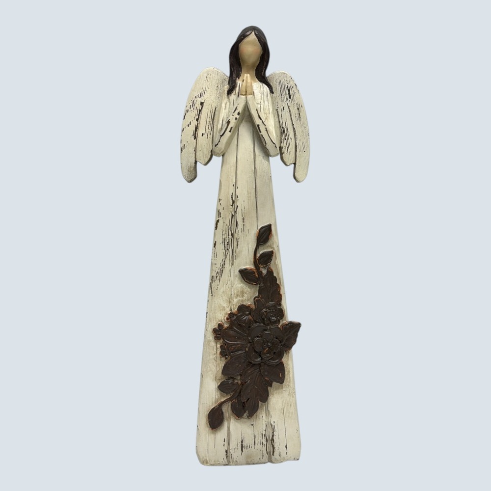 Angel Ivory Rustic Primitive Folk Art Floral Resin Decorative EUC 11 5/8"H